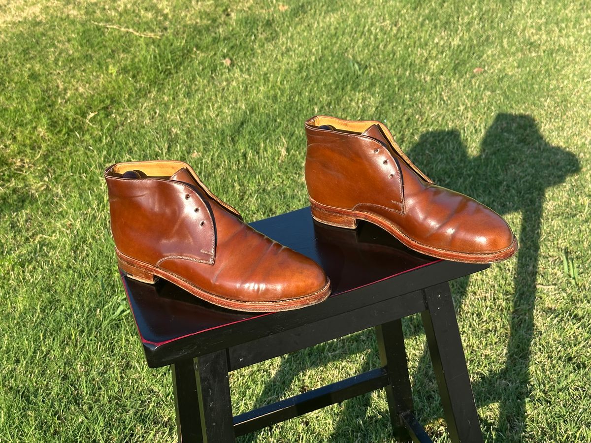 Photo by Huntsman on August 9, 2025 of the Vass Hungary London Chukka Boots in Horween Bourbon Shell Cordovan.