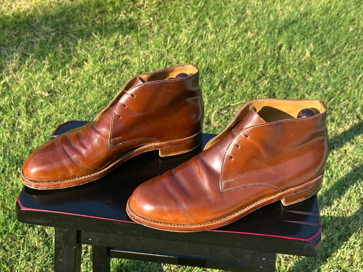 Photo by Huntsman on August 9, 2025 of the Vass Hungary London Chukka Boots in Horween Bourbon Shell Cordovan.