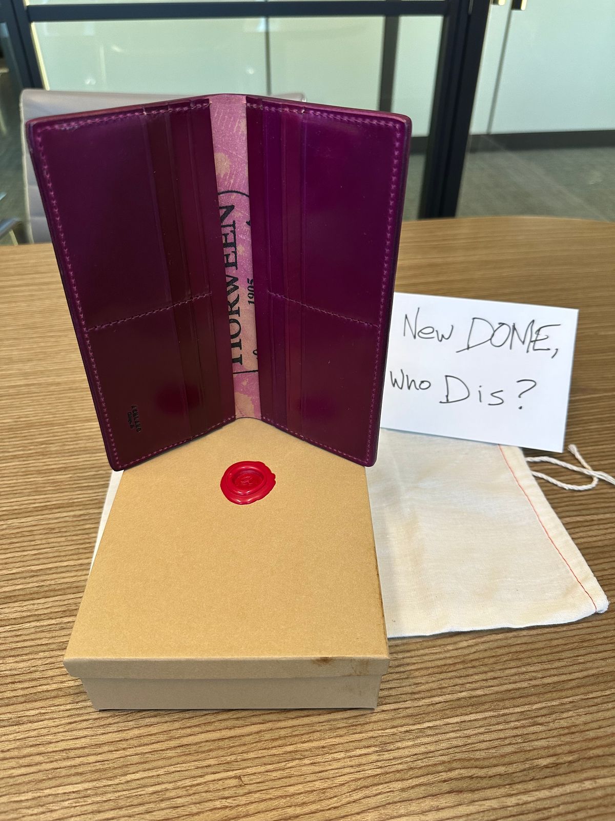 Photo by Huntsman on October 3, 2025 of the Ashland Leather Long Wallet in Horween Ultraviolet Shell Cordovan.