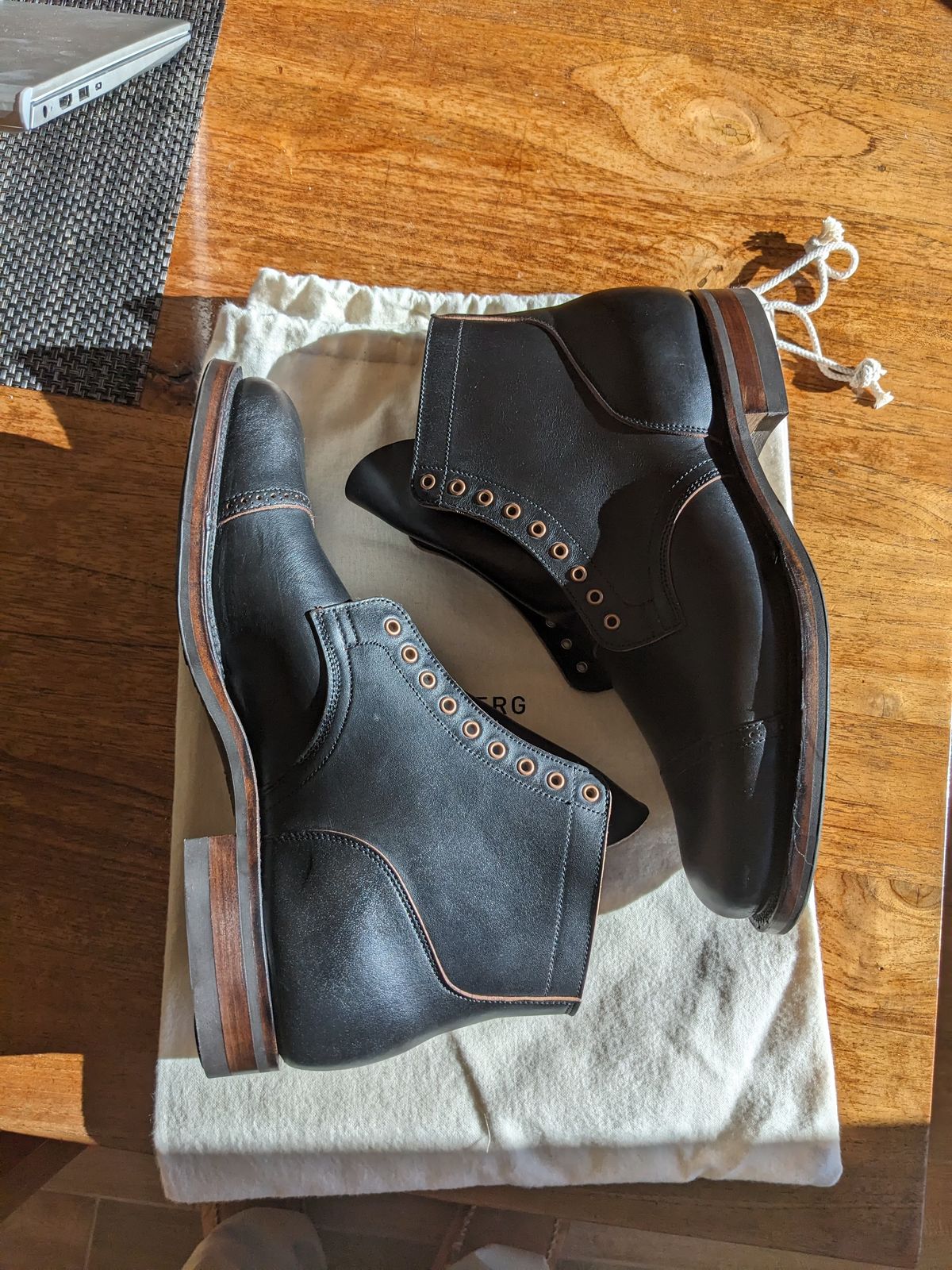 Photo by Huntsman on February 13, 2024 of the Viberg Service Boot BCT in Horween Black Teacore Double Cordovan Butts.