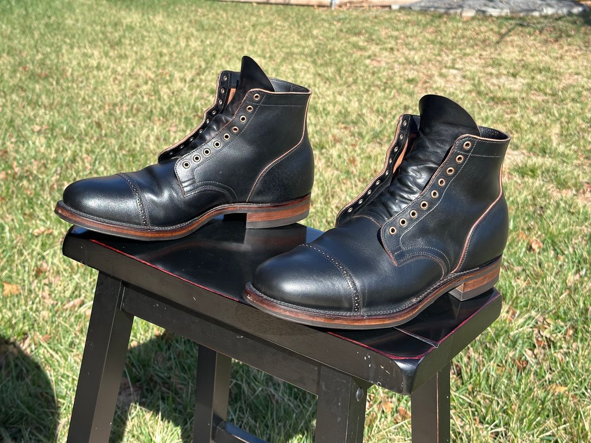 Photo by Huntsman on March 5, 2024 of the Viberg Service Boot BCT in Horween Black Teacore Double Cordovan Butts.