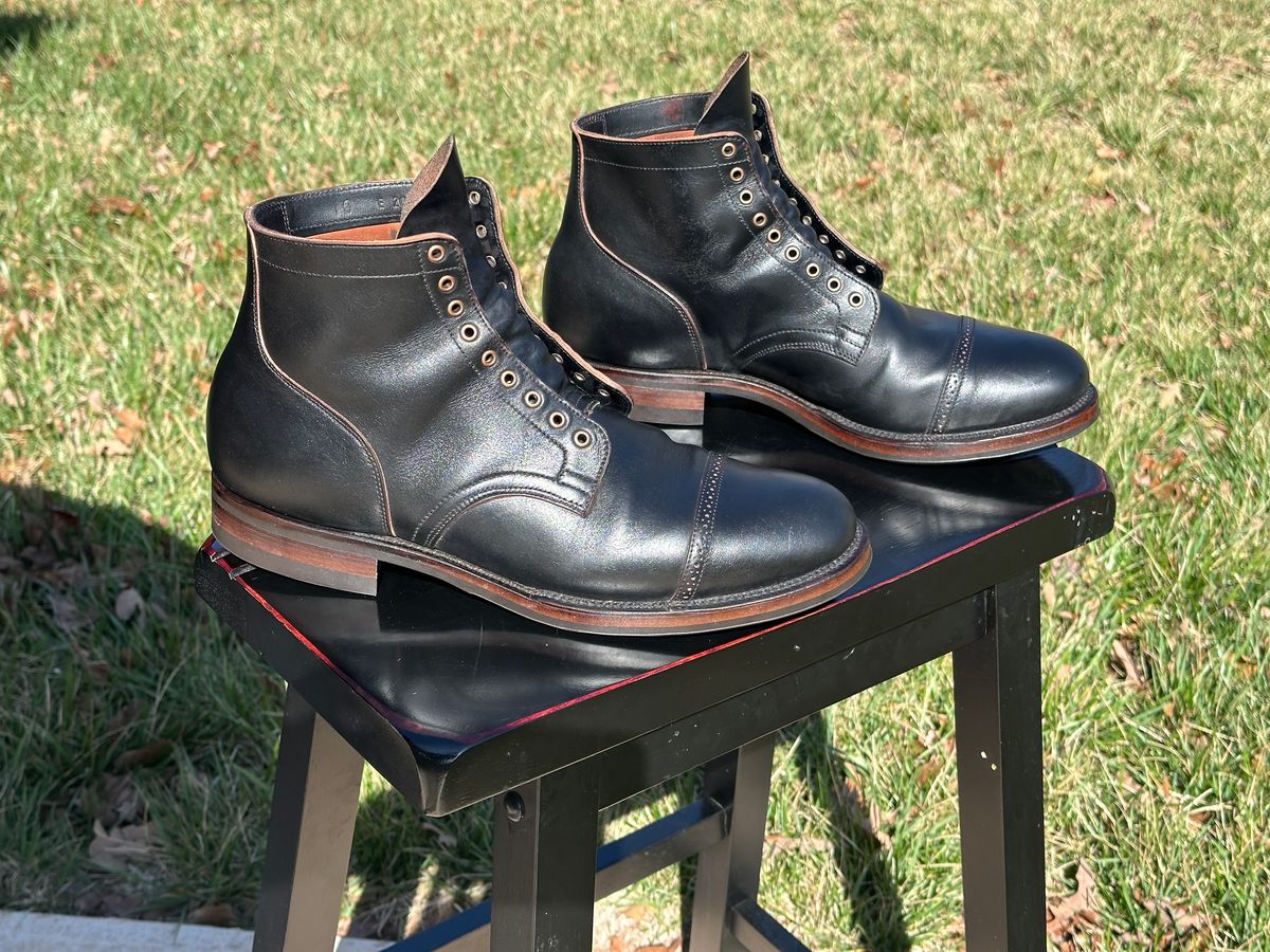 Photo by Huntsman on March 5, 2024 of the Viberg Service Boot BCT in Horween Black Teacore Double Cordovan Butts.