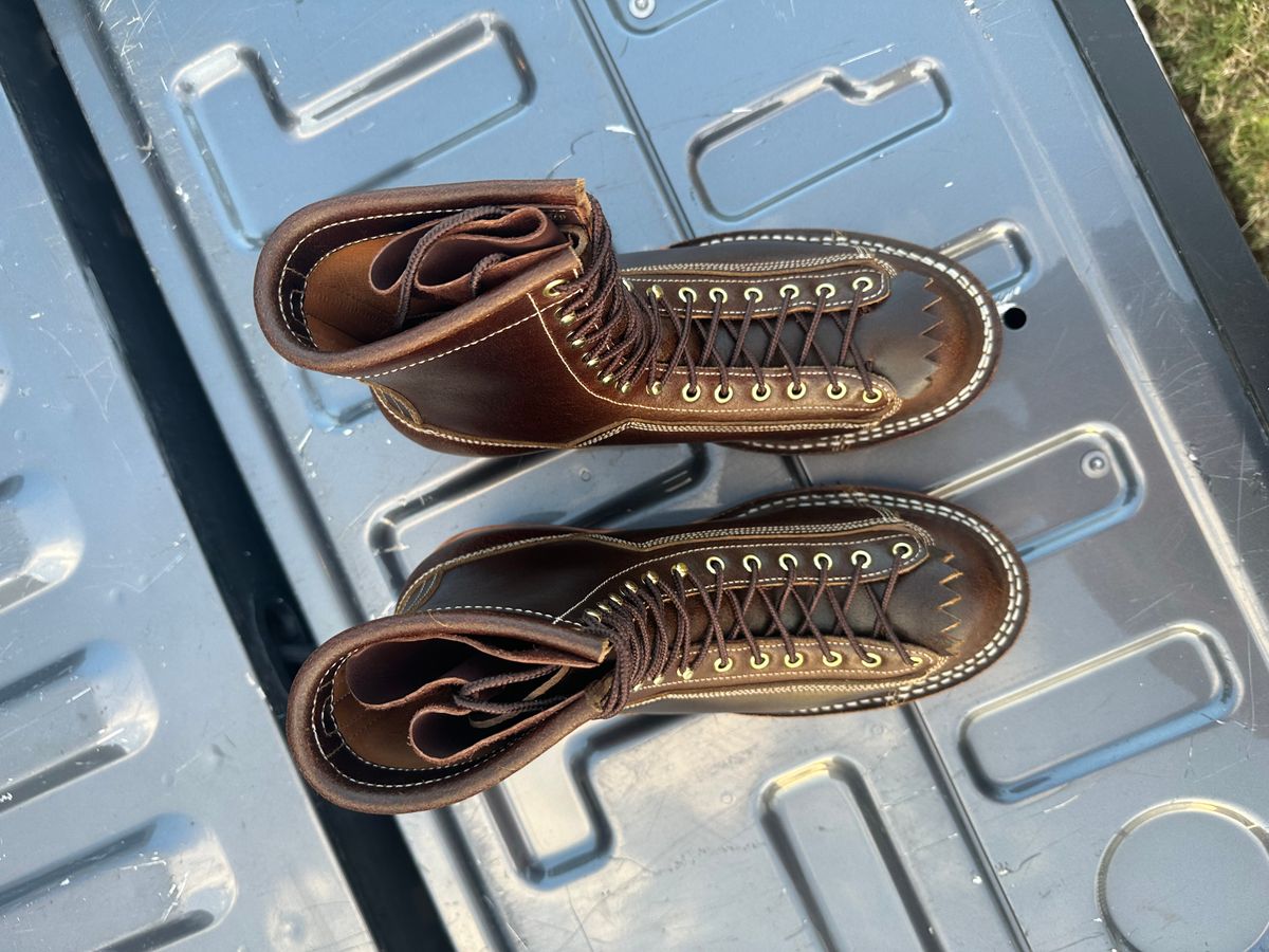 Photo by Huntsman on October 23, 2025 of the Frank's Boots Monkey Boot in Horween Cinnamon Waxed Flesh.