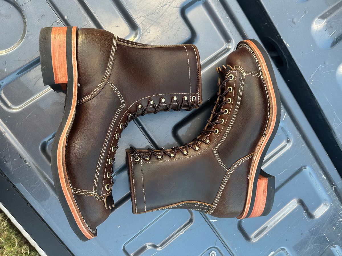 Photo by Huntsman on October 23, 2025 of the Frank's Boots Monkey Boot in Horween Cinnamon Waxed Flesh.