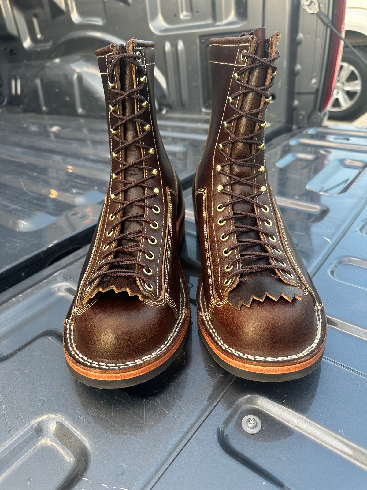 Photo by Huntsman on October 23, 2025 of the Frank's Boots Monkey Boot in Horween Cinnamon Waxed Flesh.