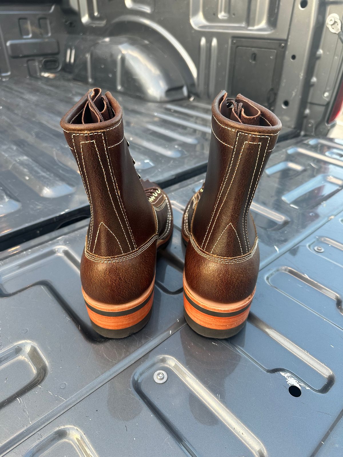 Photo by Huntsman on October 23, 2025 of the Frank's Boots Monkey Boot in Horween Cinnamon Waxed Flesh.