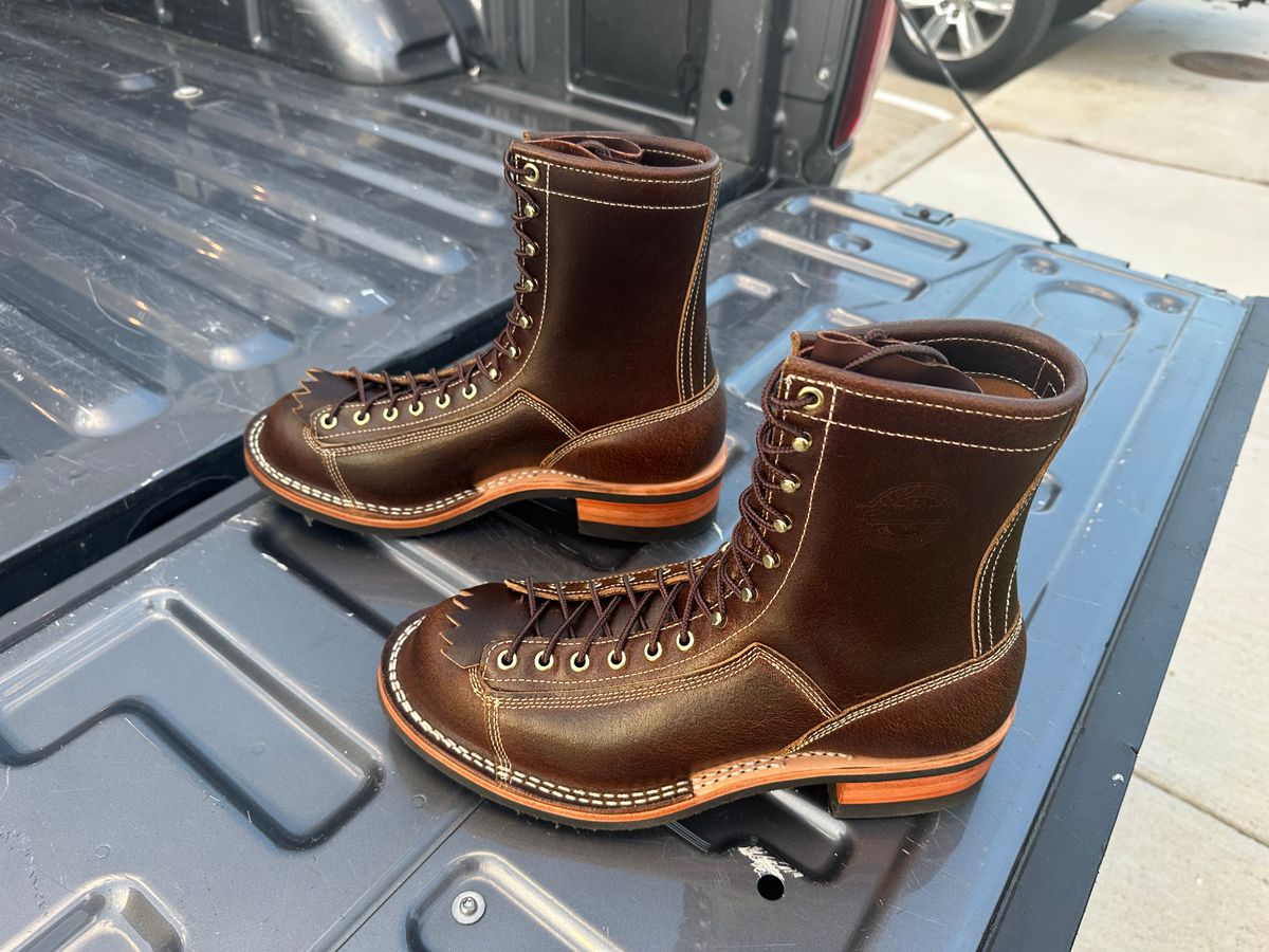 Photo by Huntsman on October 23, 2025 of the Frank's Boots Monkey Boot in Horween Cinnamon Waxed Flesh.