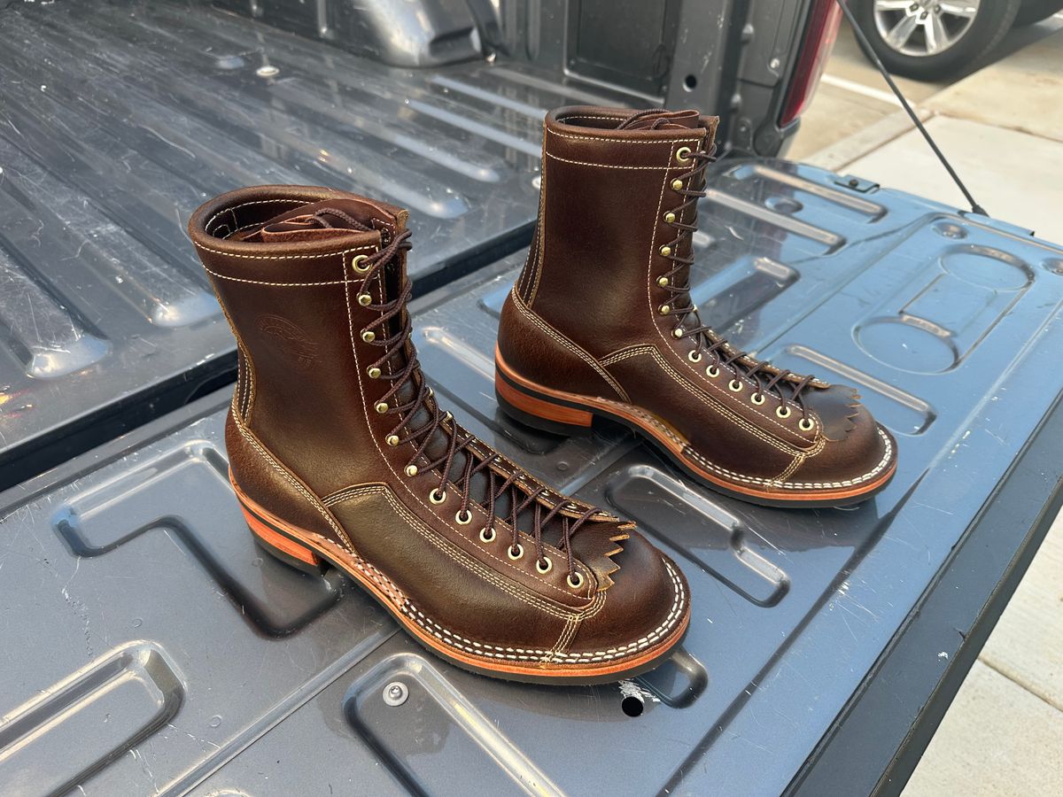 Photo by Huntsman on October 23, 2025 of the Frank's Boots Monkey Boot in Horween Cinnamon Waxed Flesh.