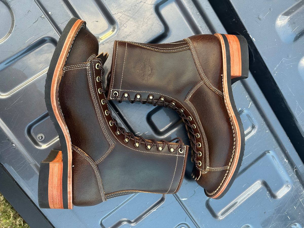 Photo by Huntsman on October 23, 2025 of the Frank's Boots Monkey Boot in Horween Cinnamon Waxed Flesh.