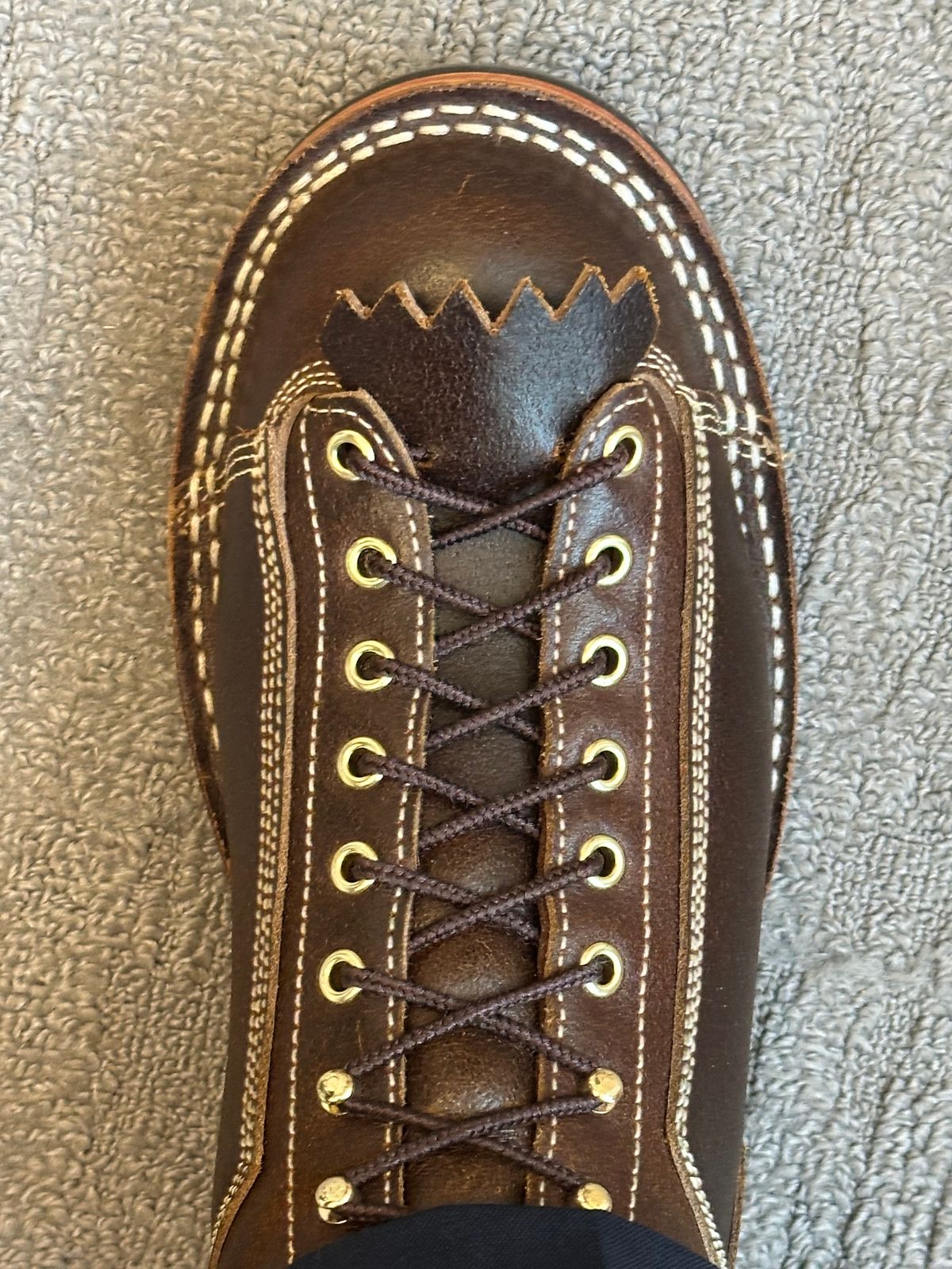 Photo by Huntsman on December 9, 2025 of the Frank's Boots Monkey Boot in Horween Cinnamon Waxed Flesh.