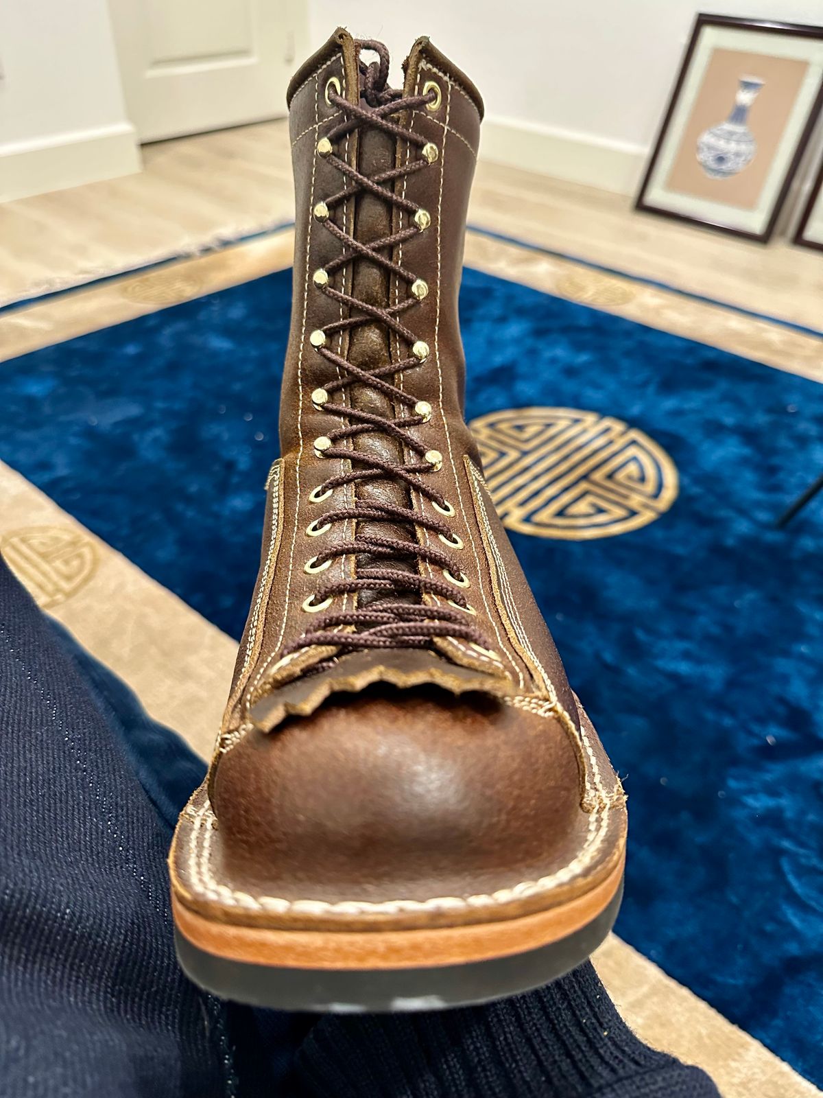 Photo by Huntsman on December 12, 2025 of the Frank's Boots Monkey Boot in Horween Cinnamon Waxed Flesh.