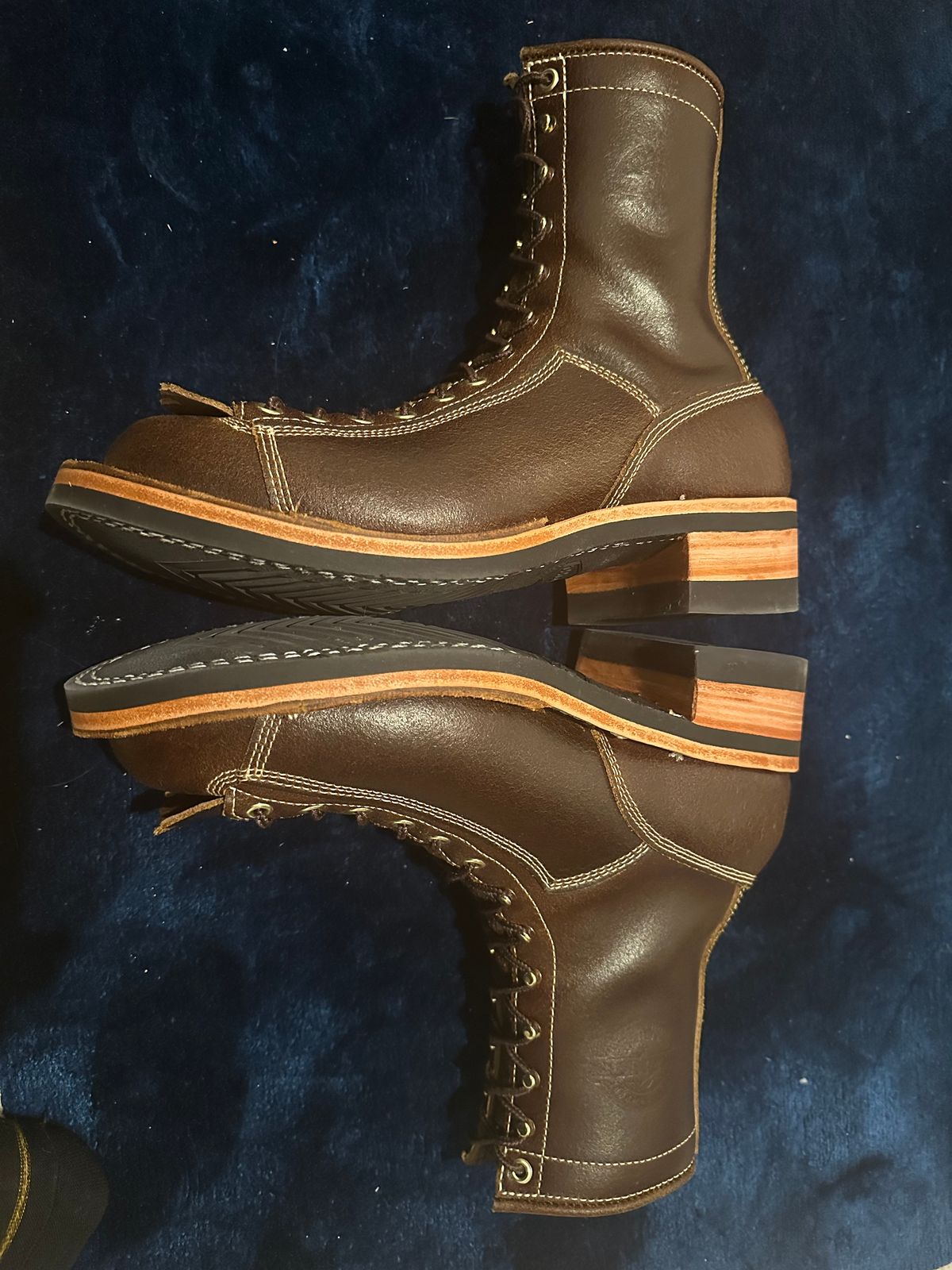 Photo by Huntsman on December 23, 2025 of the Frank's Boots Monkey Boot in Horween Cinnamon Waxed Flesh.