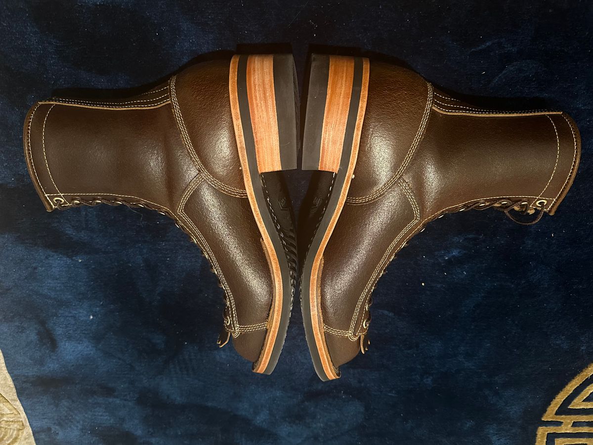 Photo by Huntsman on December 23, 2025 of the Frank's Boots Monkey Boot in Horween Cinnamon Waxed Flesh.