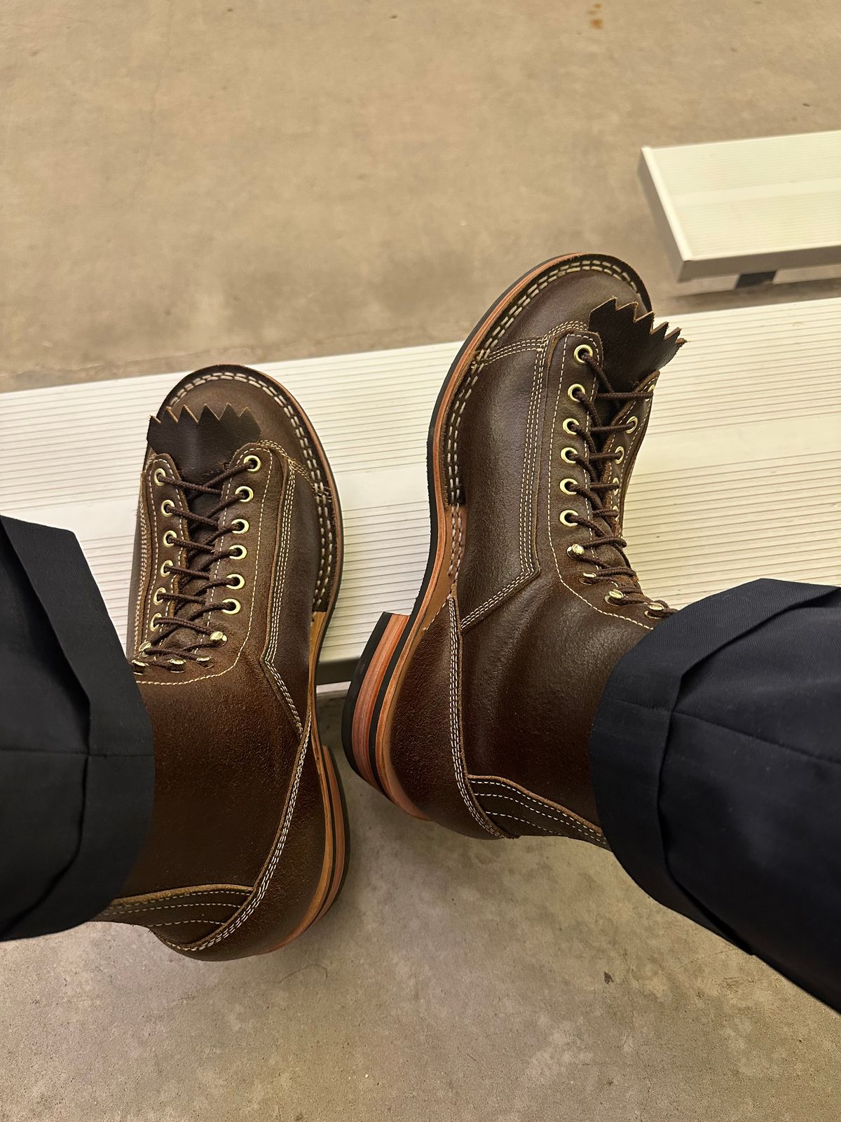 Photo by Huntsman on February 6, 2026 of the Frank's Boots Monkey Boot in Horween Cinnamon Waxed Flesh.