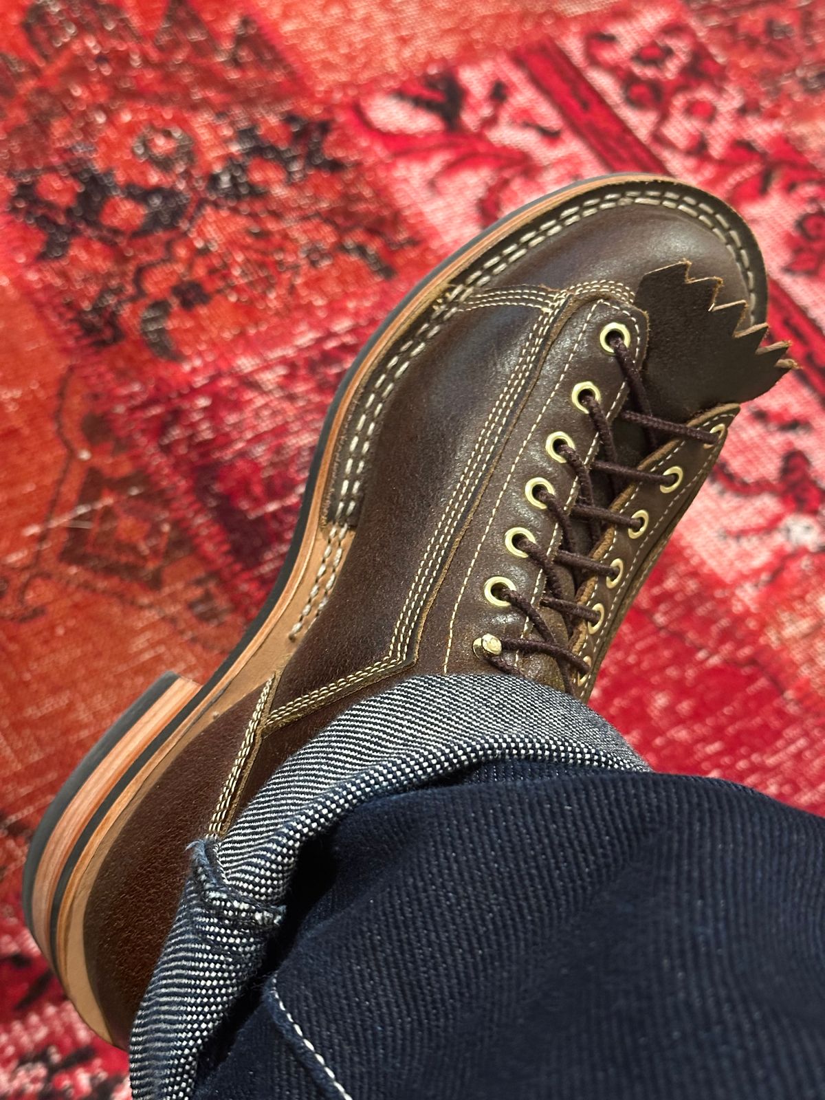 Photo by Huntsman on February 8, 2026 of the Frank's Boots Monkey Boot in Horween Cinnamon Waxed Flesh.