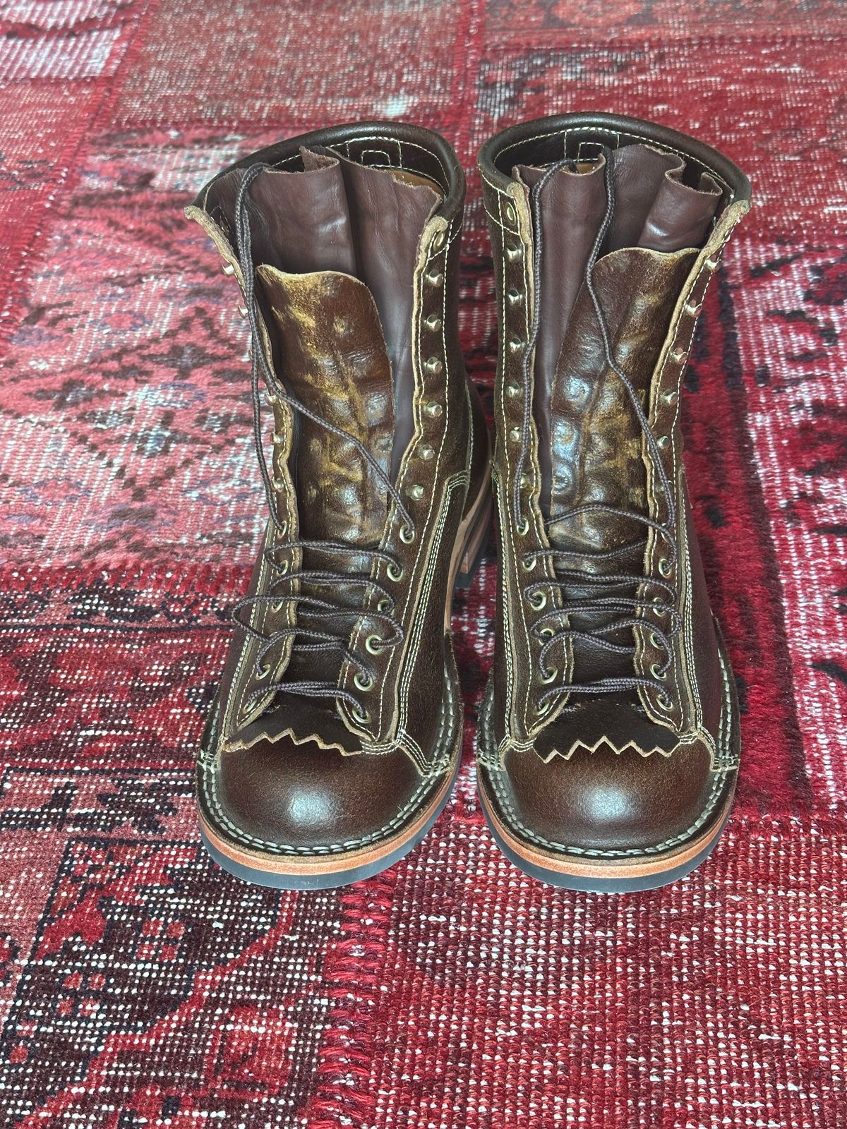 Photo by Huntsman on March 14, 2026 of the Frank's Boots Monkey Boot in Horween Cinnamon Waxed Flesh.