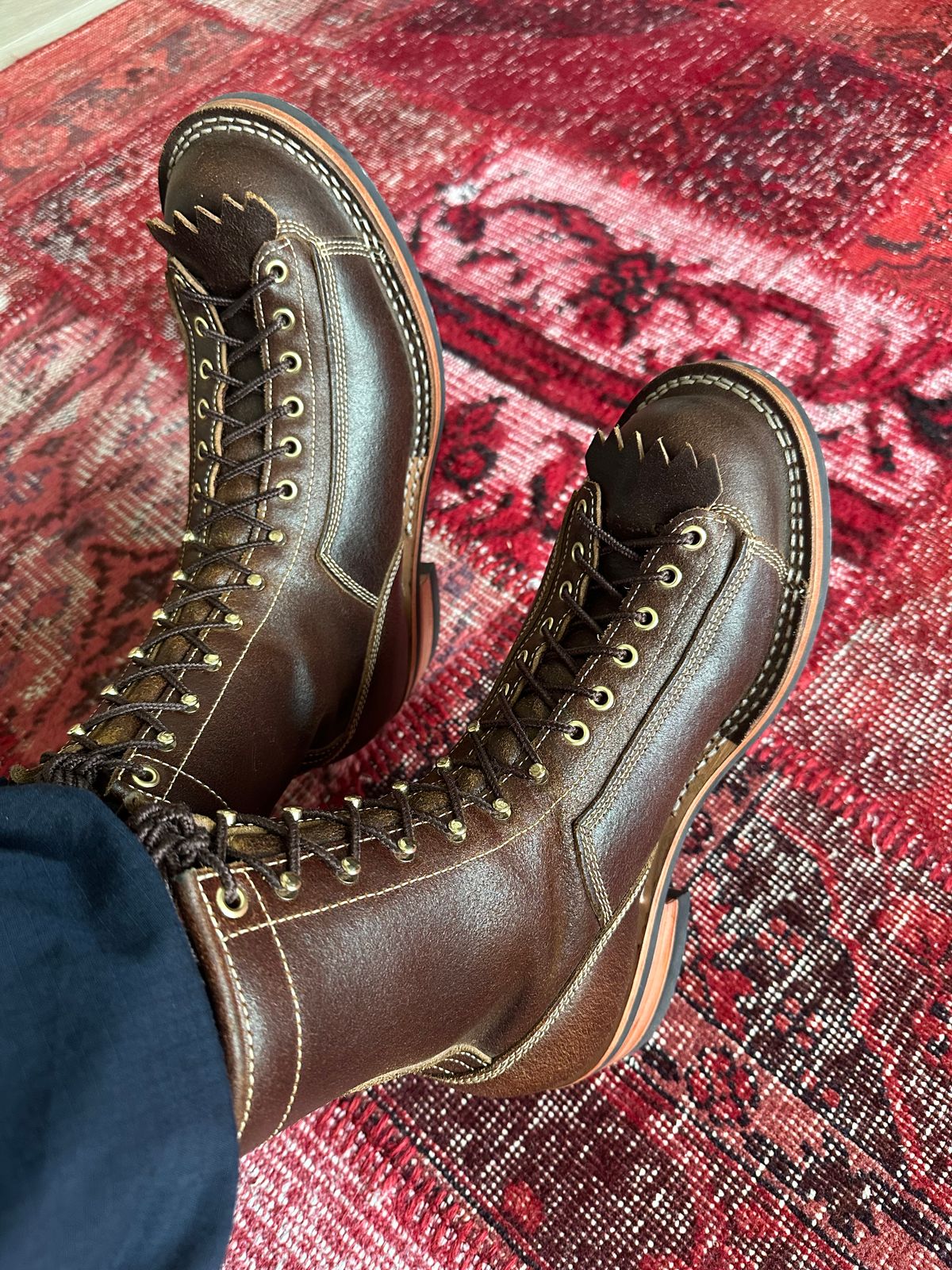 Photo by Huntsman on April 3, 2026 of the Frank's Boots Monkey Boot in Horween Cinnamon Waxed Flesh.
