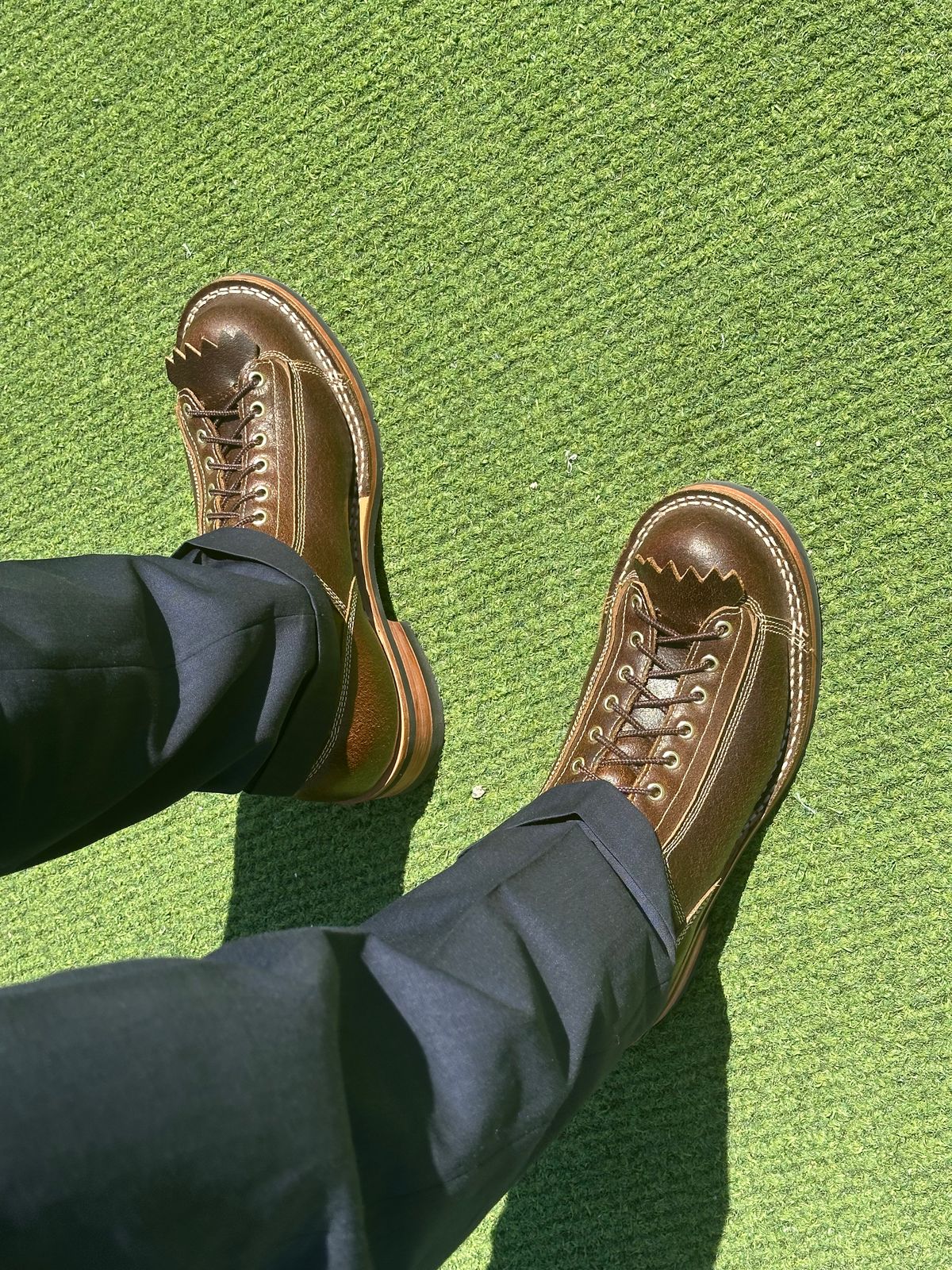 Photo by Huntsman on April 8, 2026 of the Frank's Boots Monkey Boot in Horween Cinnamon Waxed Flesh.
