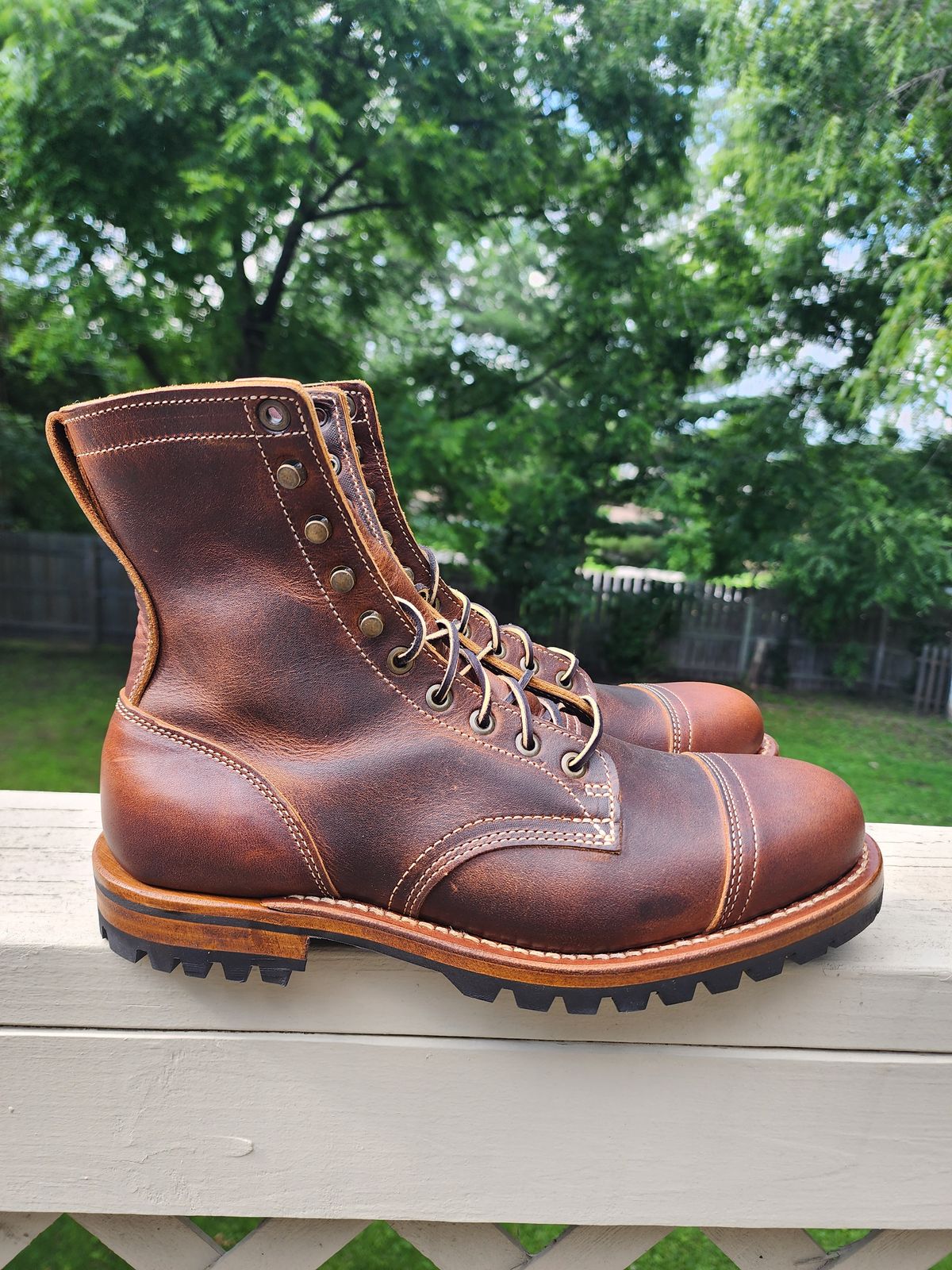 Photo by MaxxBot on June 30, 2025 of the Truman Upland Boot in Tobacco Snakebite.