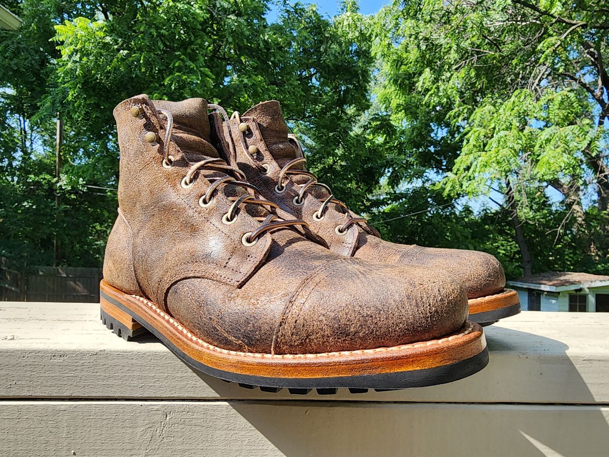 Photo by MaxxBot on June 23, 2025 of the Truman Cap Toe Boot in C.F. Stead Stone Rambler.