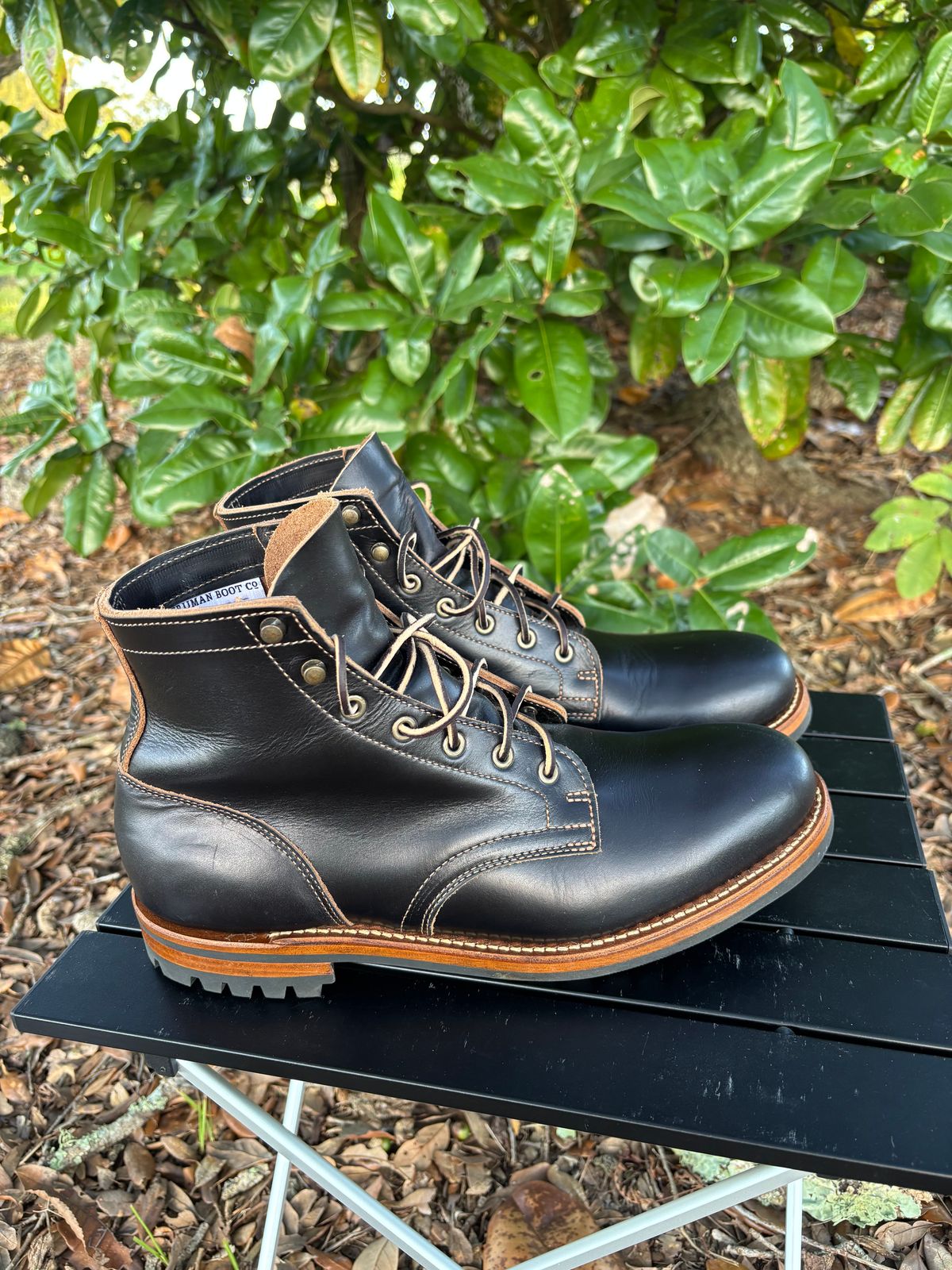 Photo by Nelms on October 2, 2025 of the Truman Plain Toe Boot in Seidel Charcoal Double Shot.