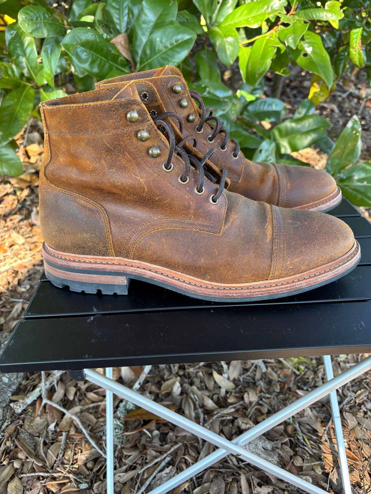 Photo by Nelms on November 2, 2025 of the Parkhurst The Richmond in C.F. Stead Wheatbuck Waxy Commander Suede.