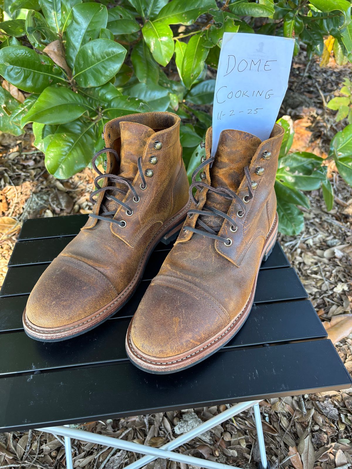 Photo by Nelms on November 2, 2025 of the Parkhurst The Richmond in C.F. Stead Wheatbuck Waxy Commander Suede.