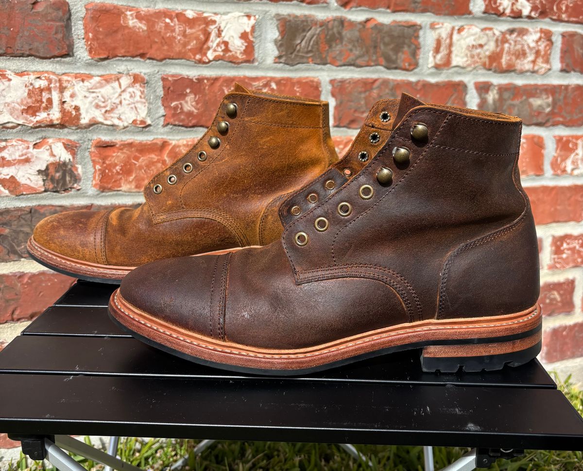 Photo by Nelms on December 2, 2025 of the Parkhurst The Richmond in C.F. Stead Wheatbuck Waxy Commander Suede.