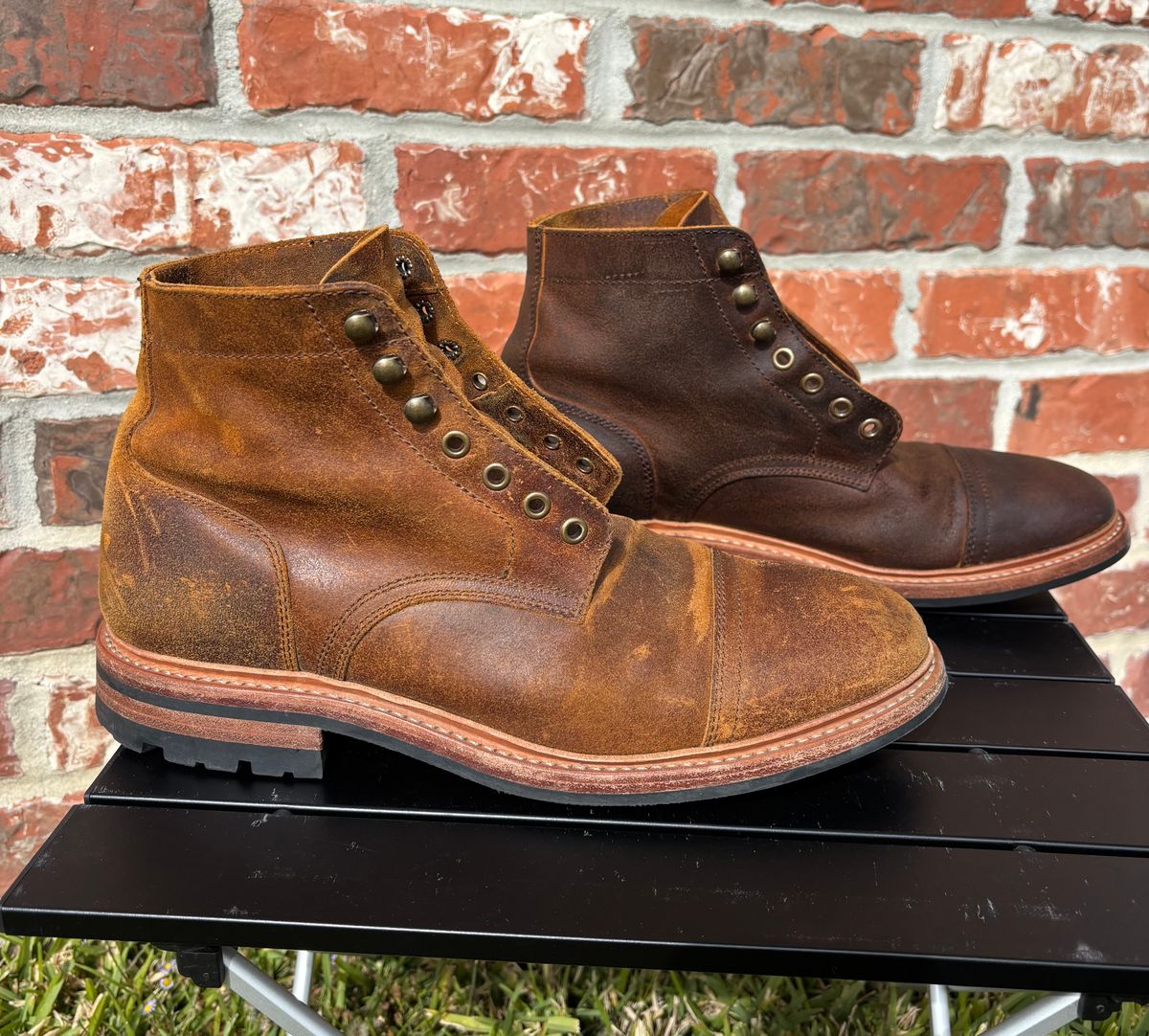 Photo by Nelms on December 2, 2025 of the Parkhurst The Richmond in C.F. Stead Wheatbuck Waxy Commander Suede.