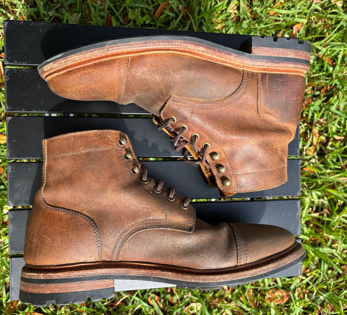 Photo by Nelms on April 3, 2026 of the Parkhurst The Richmond in C.F. Stead Wheatbuck Waxy Commander Suede.