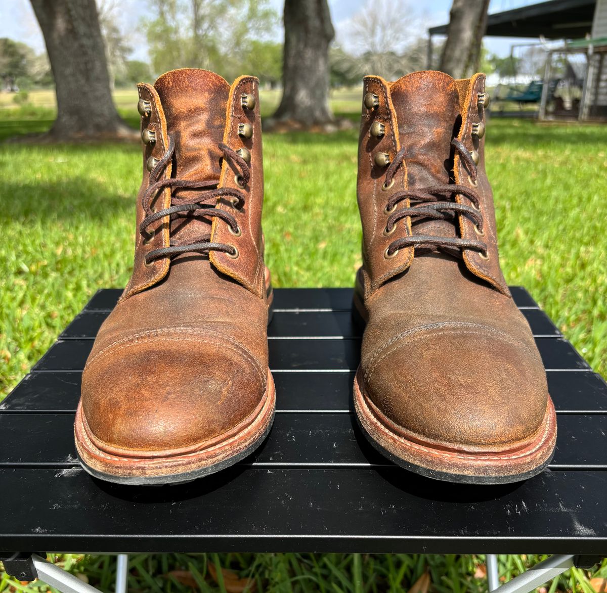 Photo by Nelms on April 3, 2026 of the Parkhurst The Richmond in C.F. Stead Wheatbuck Waxy Commander Suede.