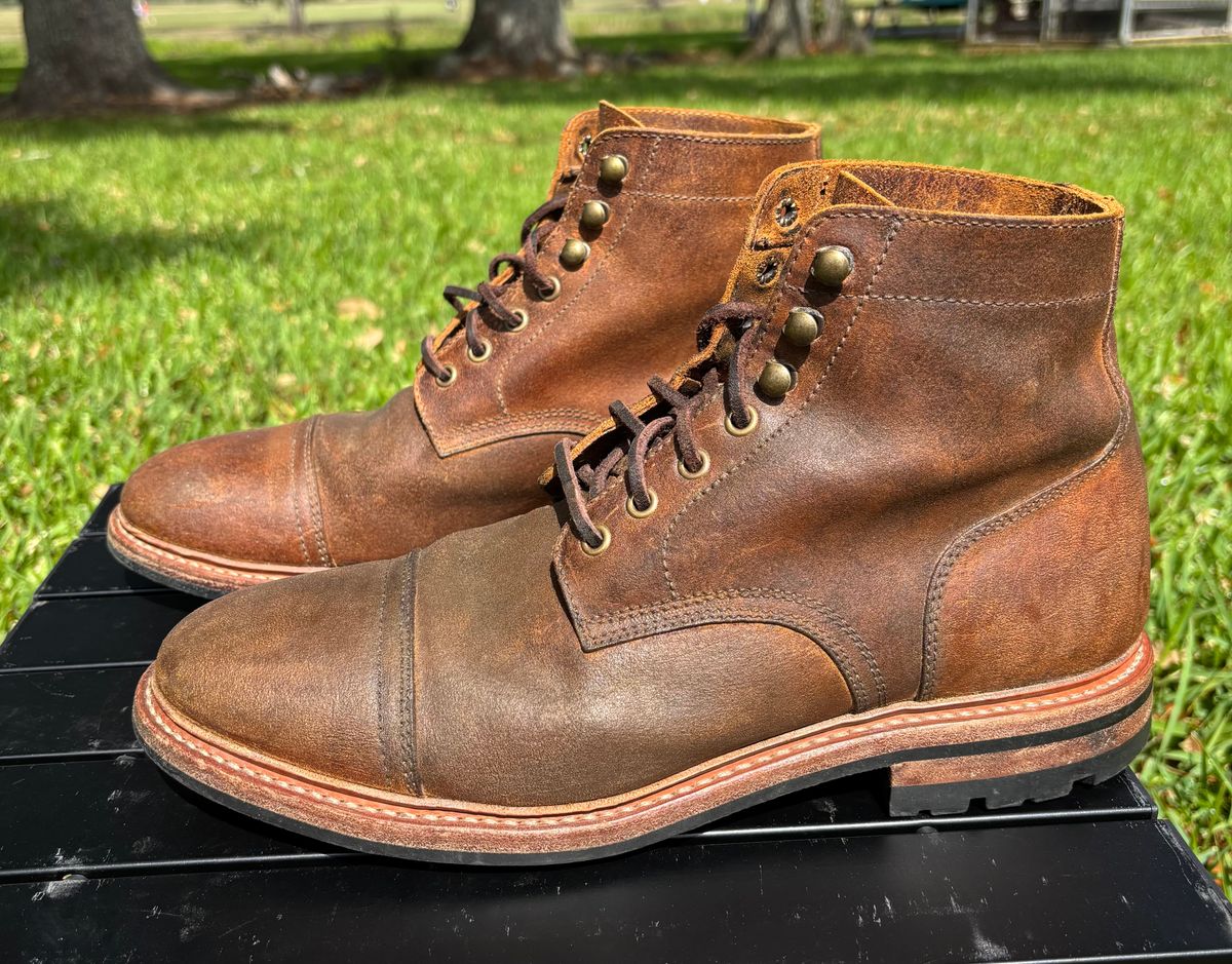 Photo by Nelms on April 3, 2026 of the Parkhurst The Richmond in C.F. Stead Wheatbuck Waxy Commander Suede.