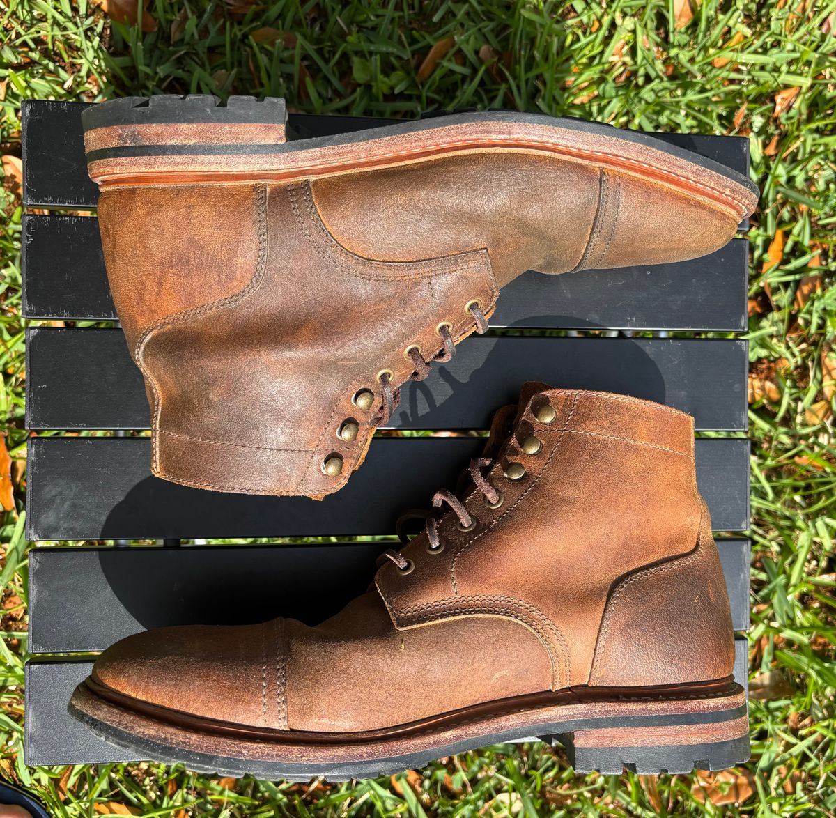 Photo by Nelms on April 3, 2026 of the Parkhurst The Richmond in C.F. Stead Wheatbuck Waxy Commander Suede.