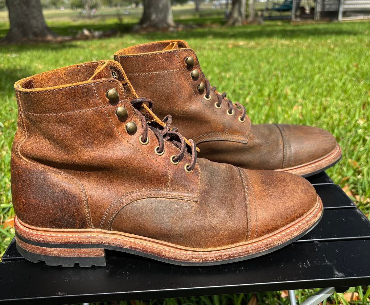 Photo by Nelms on April 3, 2026 of the Parkhurst The Richmond in C.F. Stead Wheatbuck Waxy Commander Suede.