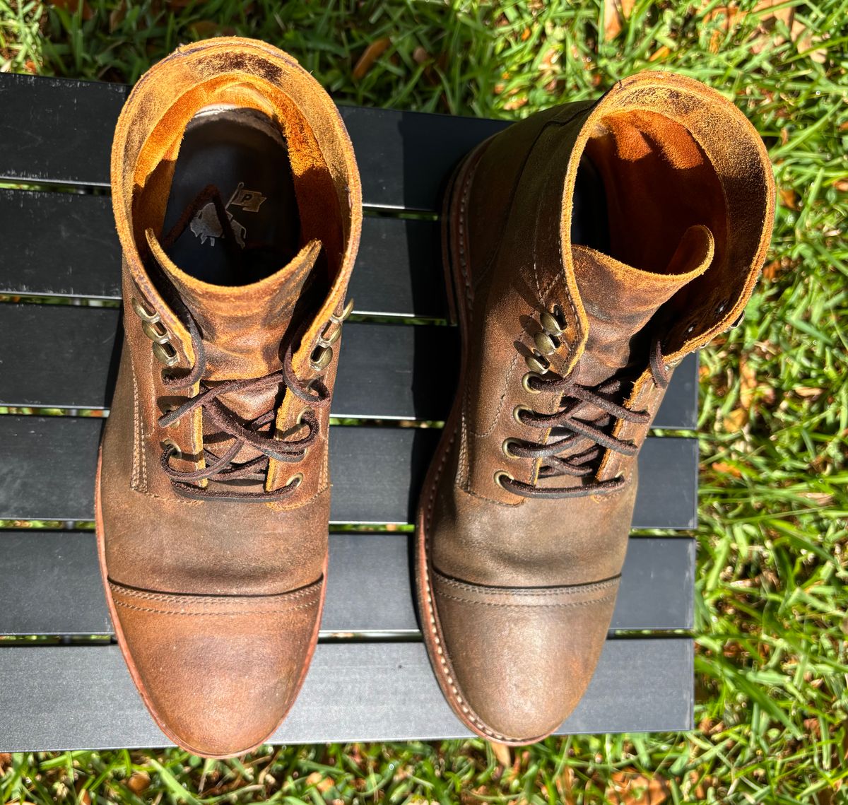 Photo by Nelms on April 3, 2026 of the Parkhurst The Richmond in C.F. Stead Wheatbuck Waxy Commander Suede.