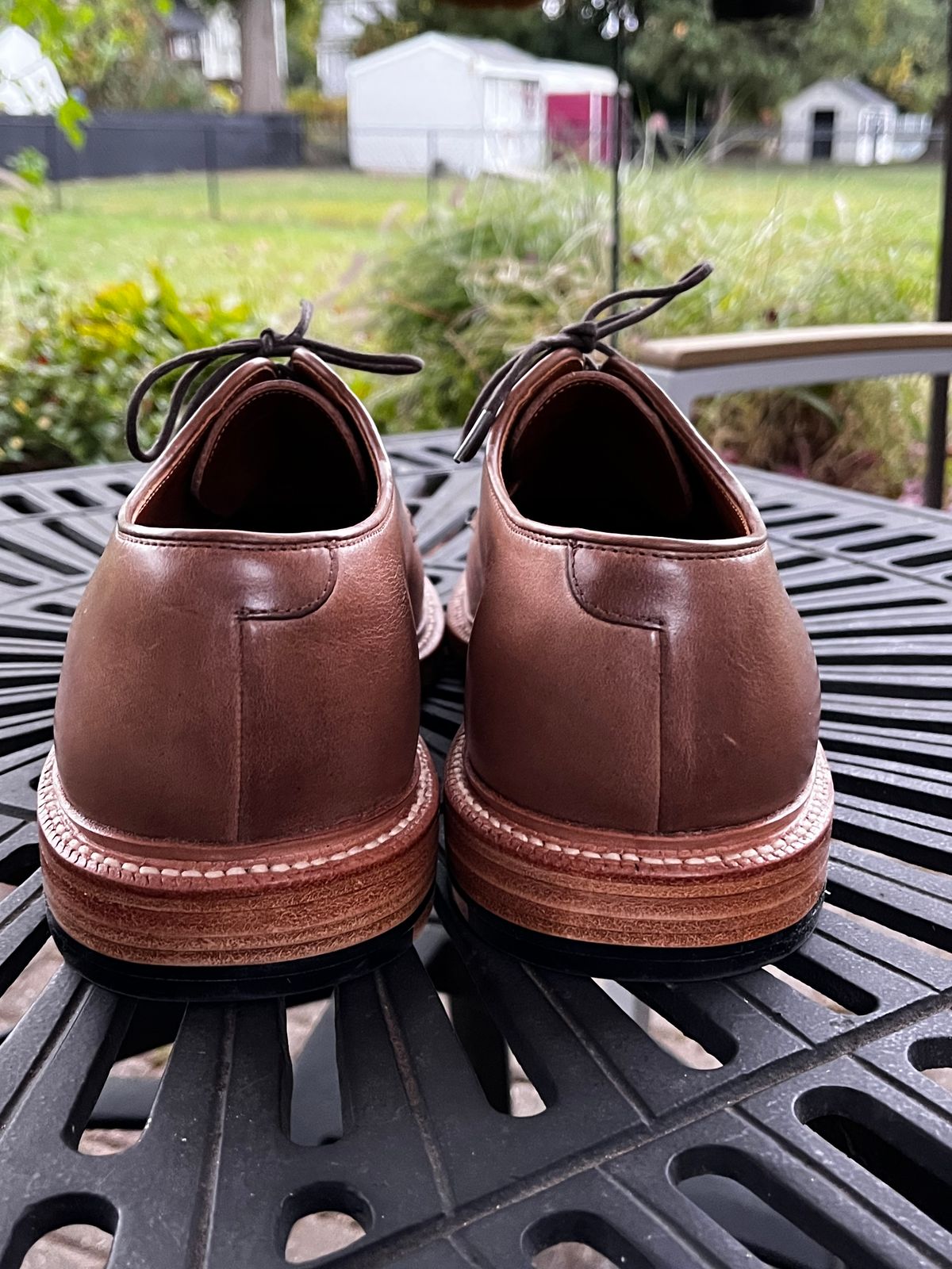 Photo by Arturo860 on October 13, 2024 of the Grant Stone Plain Toe Blucher in Horween Dune Chromexcel.