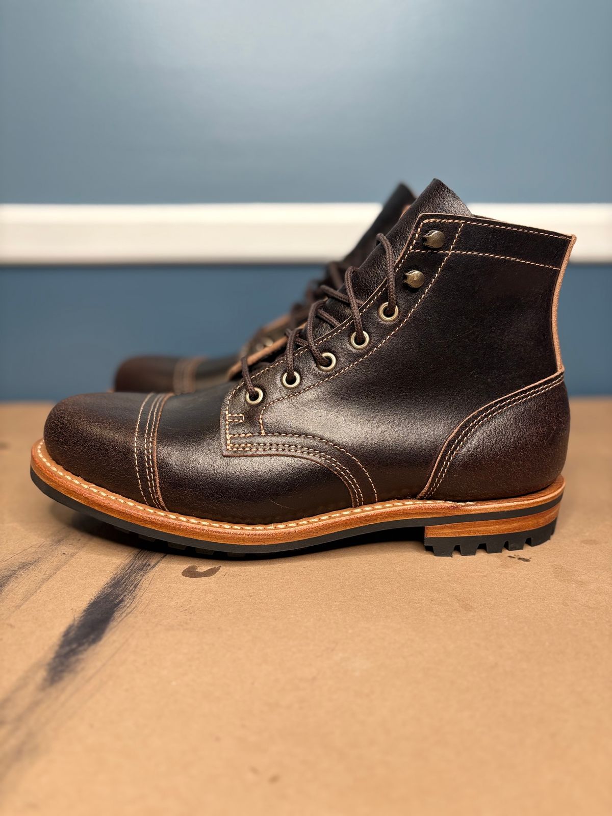 Photo by DWool on October 1, 2025 of the Truman Cap Toe Boot in Horween Java Waxed Flesh.