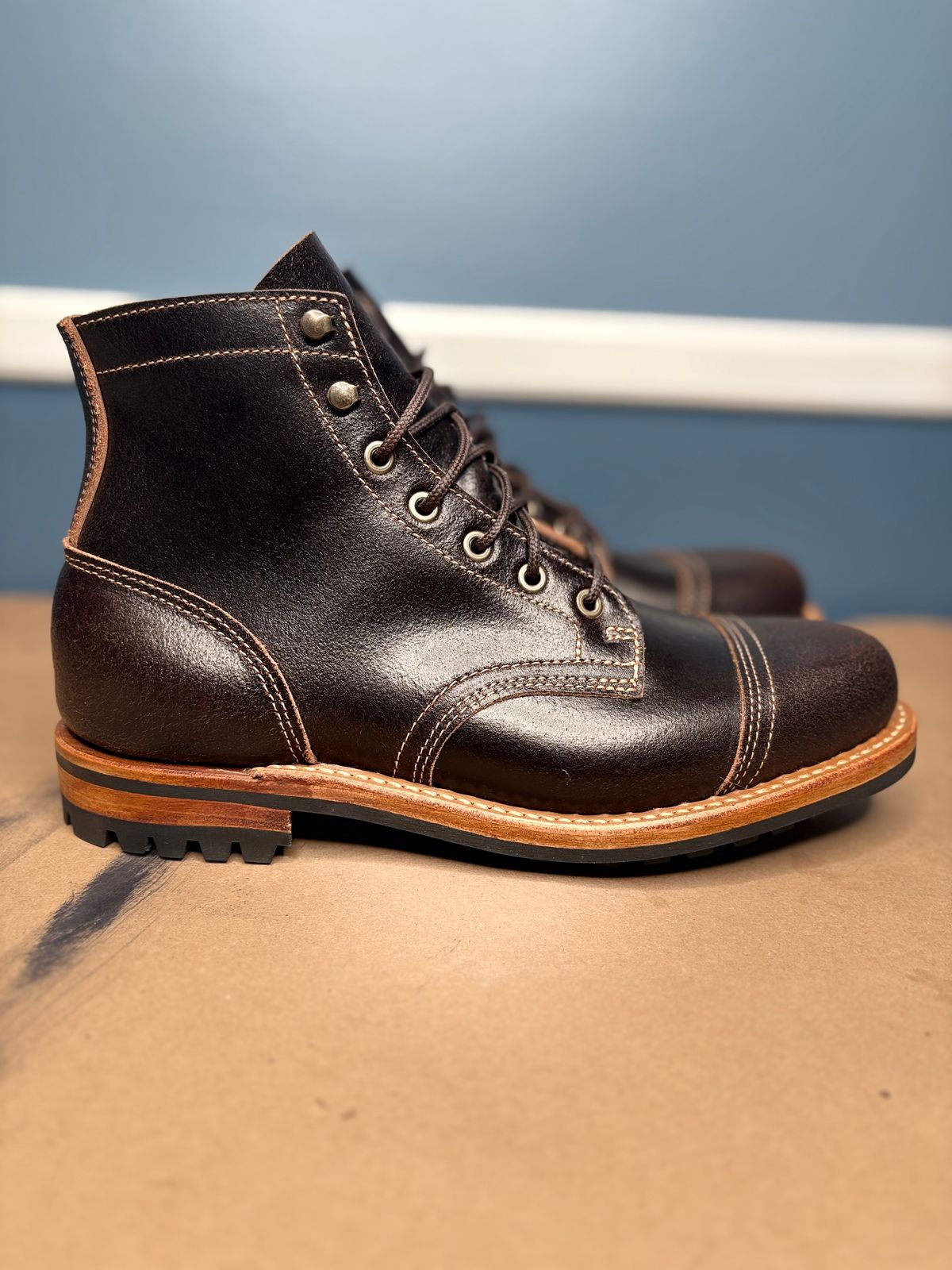Photo by DWool on October 1, 2025 of the Truman Cap Toe Boot in Horween Java Waxed Flesh.