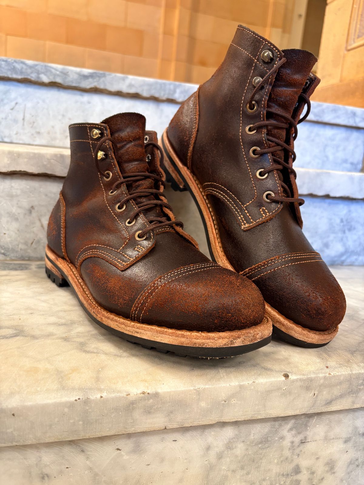 Photo by DWool on February 3, 2026 of the Truman Cap Toe Boot in Horween Java Waxed Flesh.