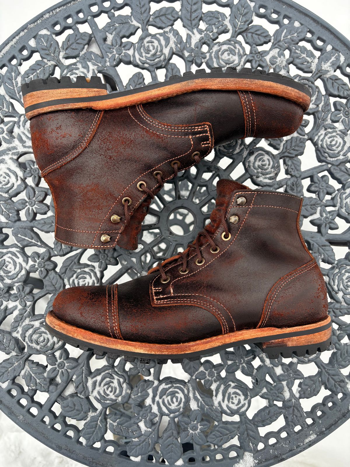 Photo by DWool on March 3, 2026 of the Truman Cap Toe Boot in Horween Java Waxed Flesh.