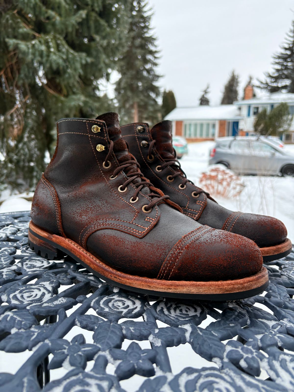 Photo by DWool on March 3, 2026 of the Truman Cap Toe Boot in Horween Java Waxed Flesh.