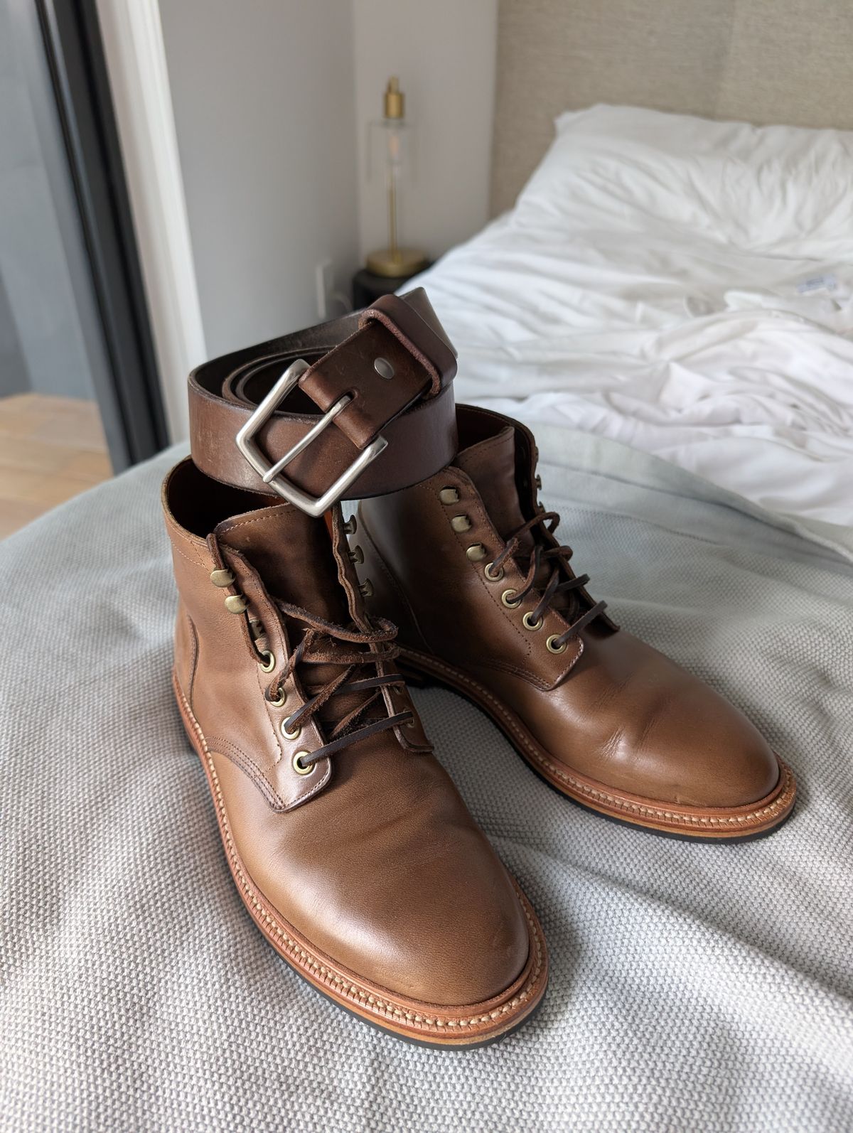 Photo by KNC on February 3, 2025 of the Grant Stone Diesel Boot in Horween Dune Chromexcel.