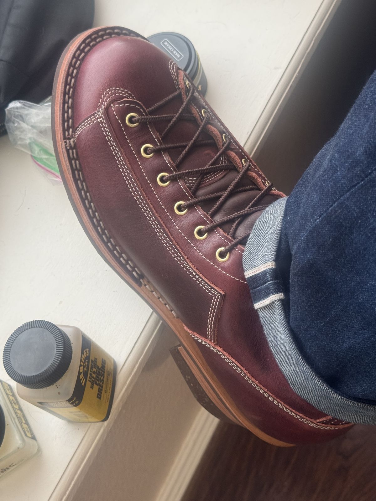 Photo by BamaBoyinTx on June 25, 2025 of the Frank's Boots Monkey Boot in Horween Russet English Dublin.
