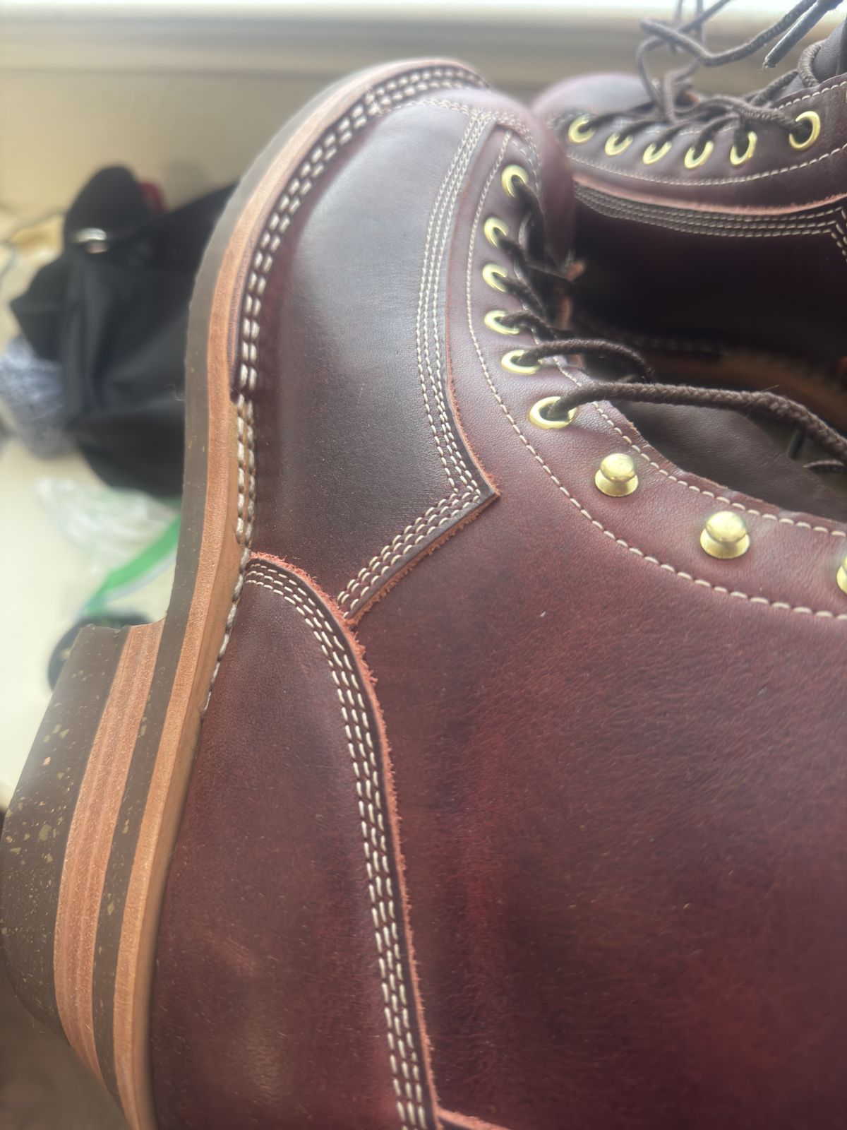 Photo by BamaBoyinTx on June 25, 2025 of the Frank's Boots Monkey Boot in Horween Russet English Dublin.