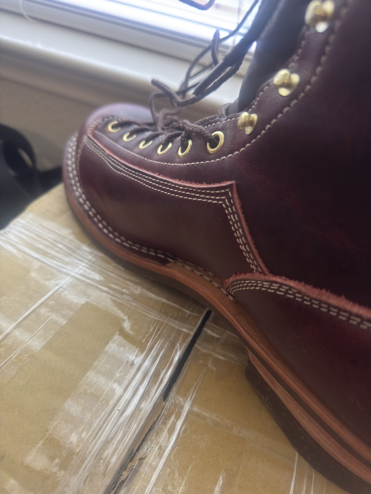 Photo by BamaBoyinTx on June 25, 2025 of the Frank's Boots Monkey Boot in Horween Russet English Dublin.