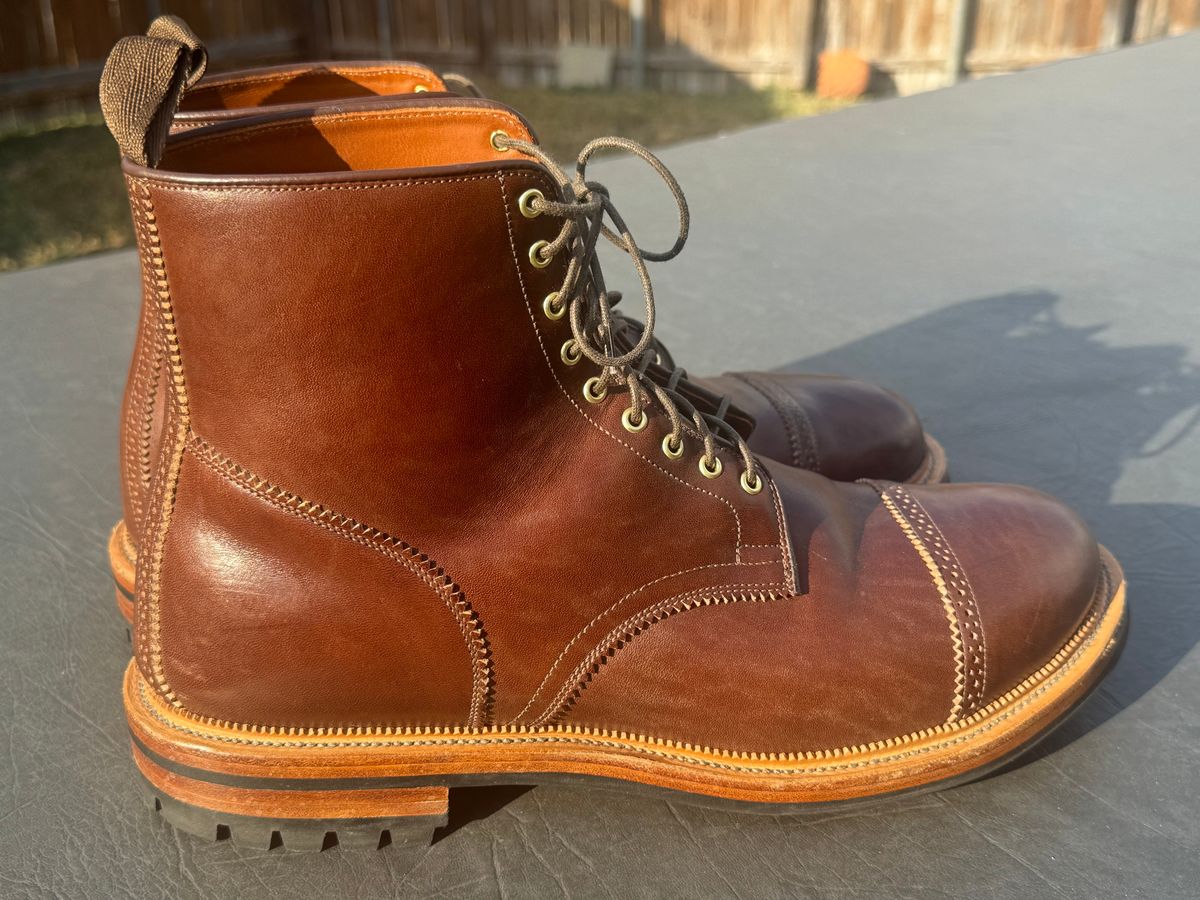 Photo by BamaBoyinTx on October 30, 2024 of the Viberg Shelby Sharp Brogue Boot in Toscanello Vachetta Lucida Horsebutt Leather.