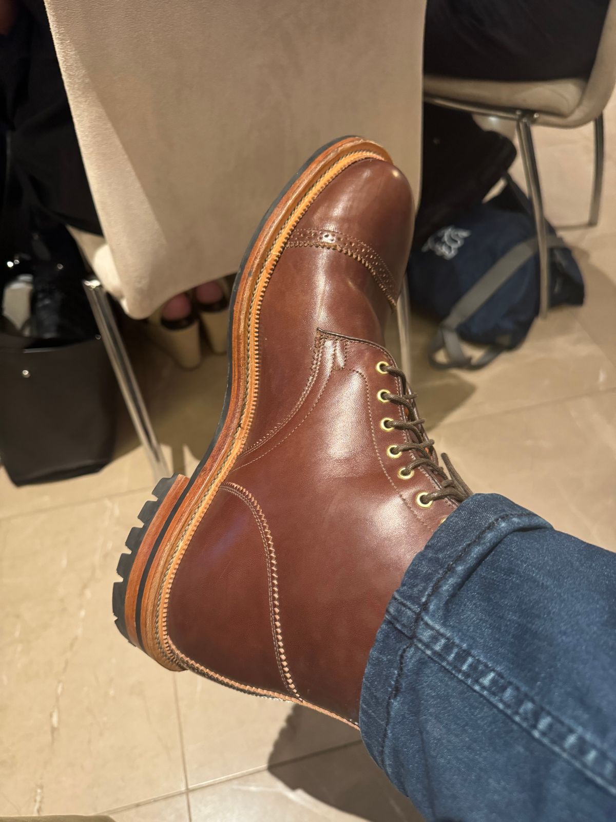 Photo by BamaBoyinTx on October 31, 2024 of the Viberg Shelby Sharp Brogue Boot in Toscanello Vachetta Lucida Horsebutt Leather.