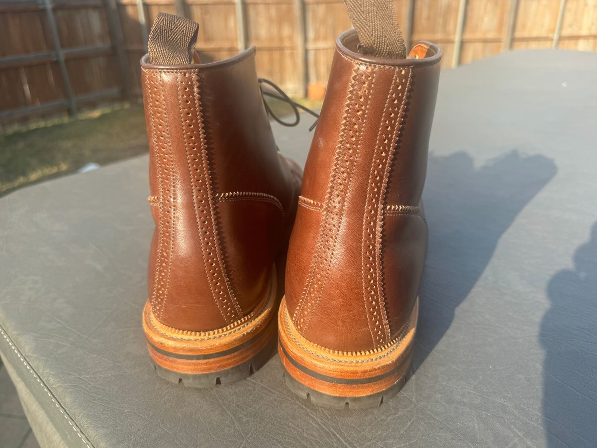 Photo by BamaBoyinTx on October 30, 2024 of the Viberg Shelby Sharp Brogue Boot in Toscanello Vachetta Lucida Horsebutt Leather.