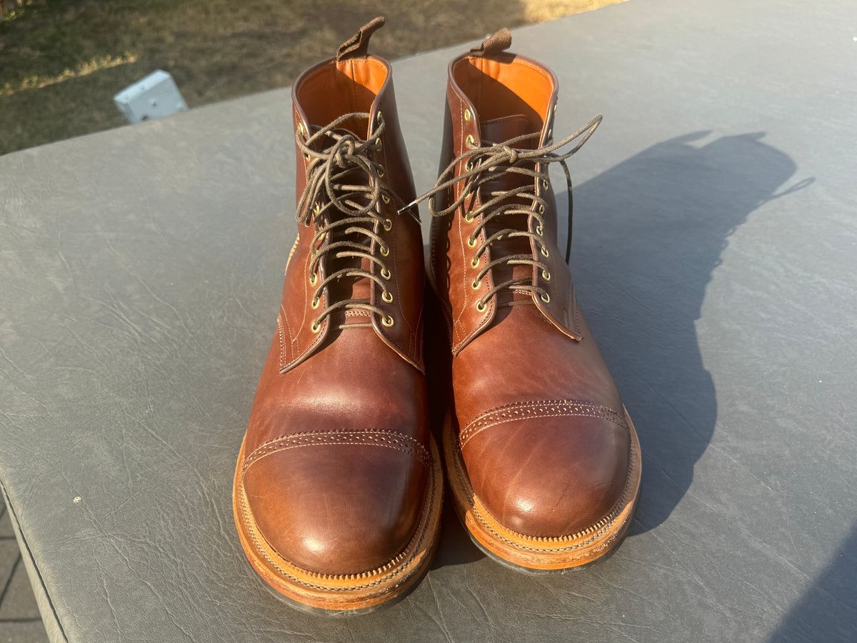 Photo by BamaBoyinTx on October 30, 2024 of the Viberg Shelby Sharp Brogue Boot in Toscanello Vachetta Lucida Horsebutt Leather.