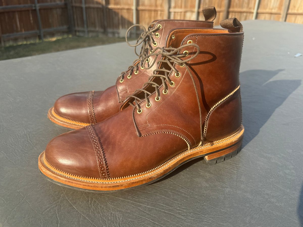 Photo by BamaBoyinTx on October 30, 2024 of the Viberg Shelby Sharp Brogue Boot in Toscanello Vachetta Lucida Horsebutt Leather.